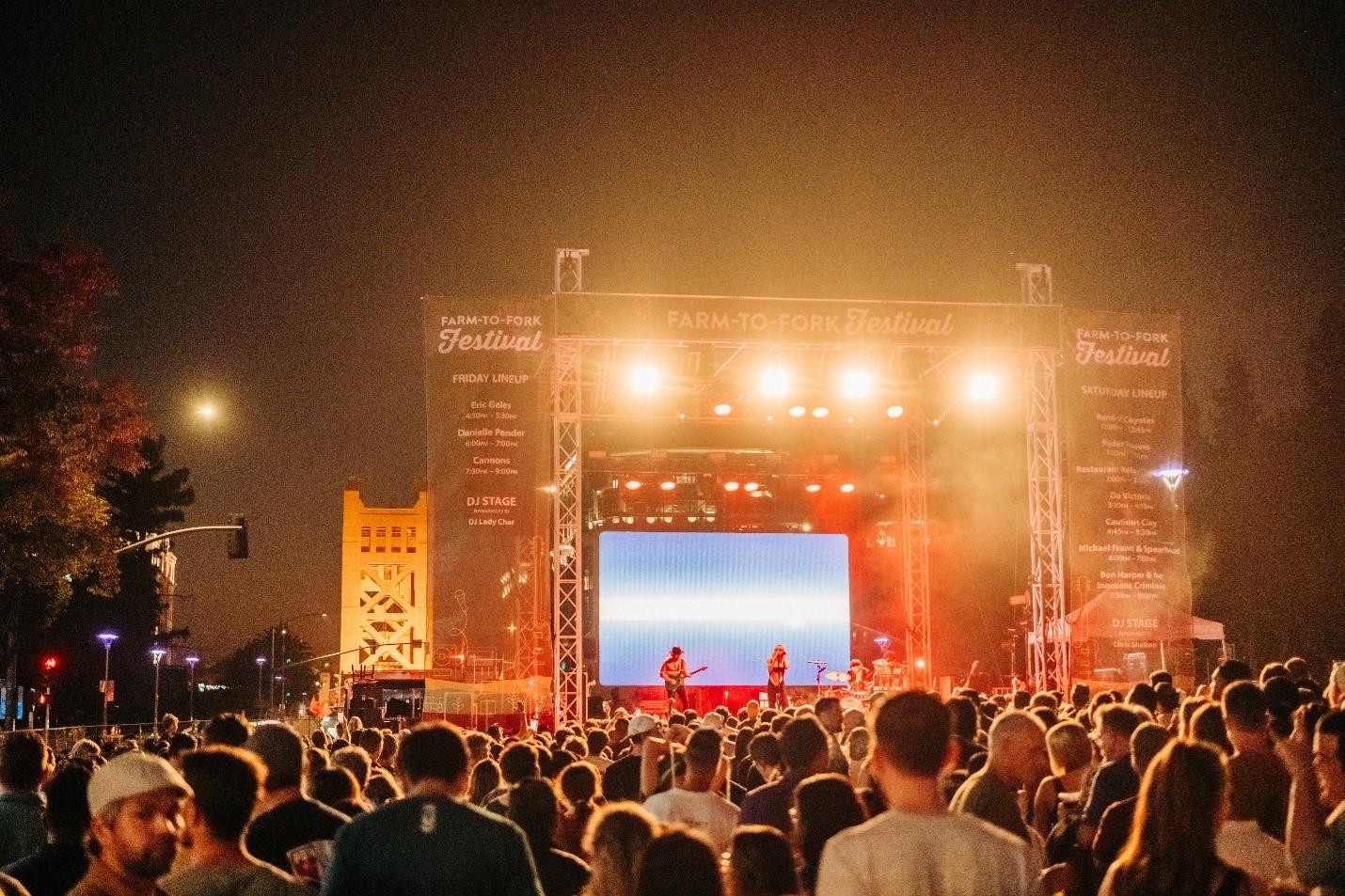 festival with a crowd of people facing a stage at night