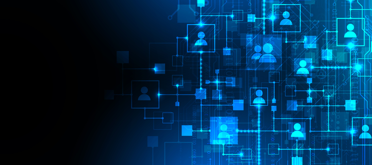 dark background with light blue icons of people