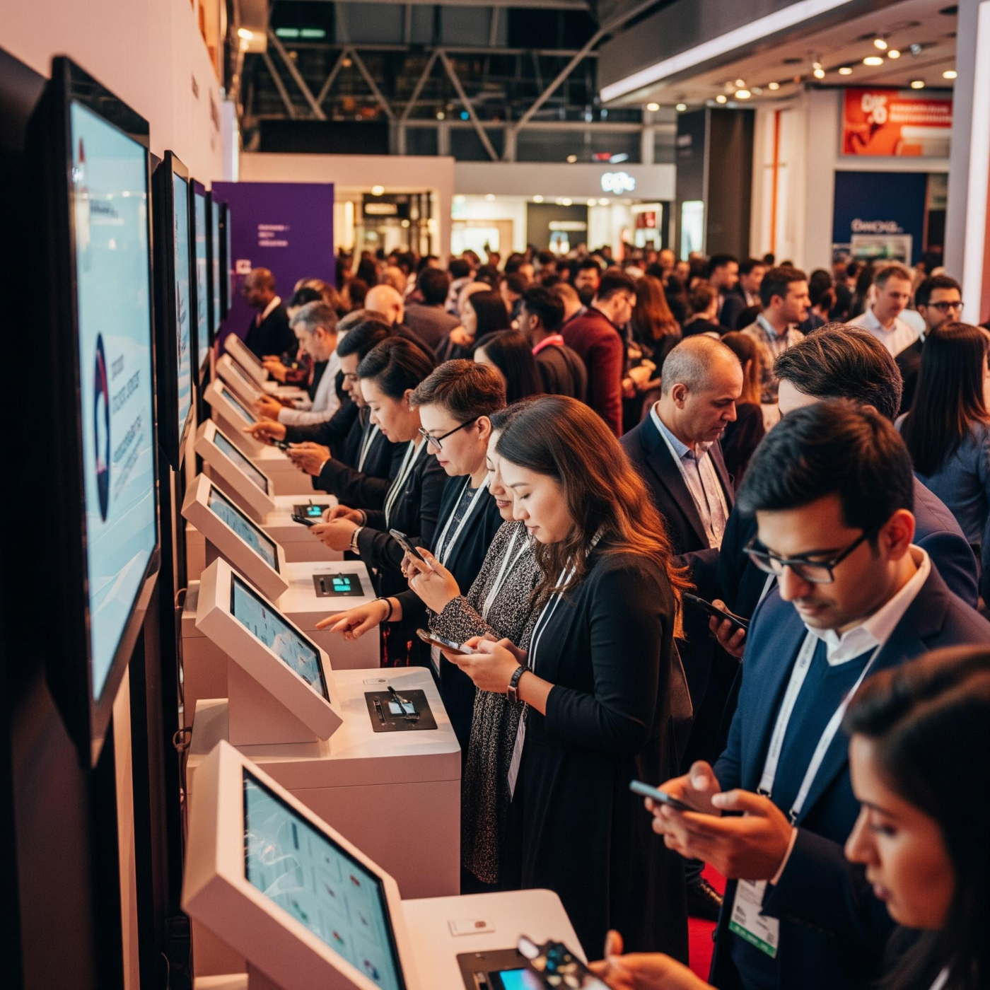 a group of people stand in line for digital kiosks