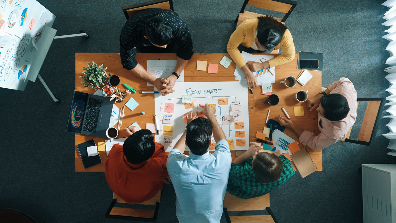 aerial view of a table where a group of coworkers collaborate on a chart using sticky notes