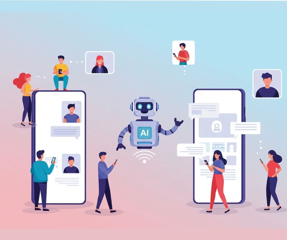 humans interact with a robot on their phones