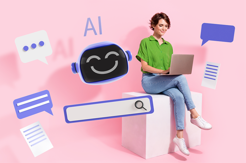 illustration of woman typing on computer surrounded by icons related to AI and messaging