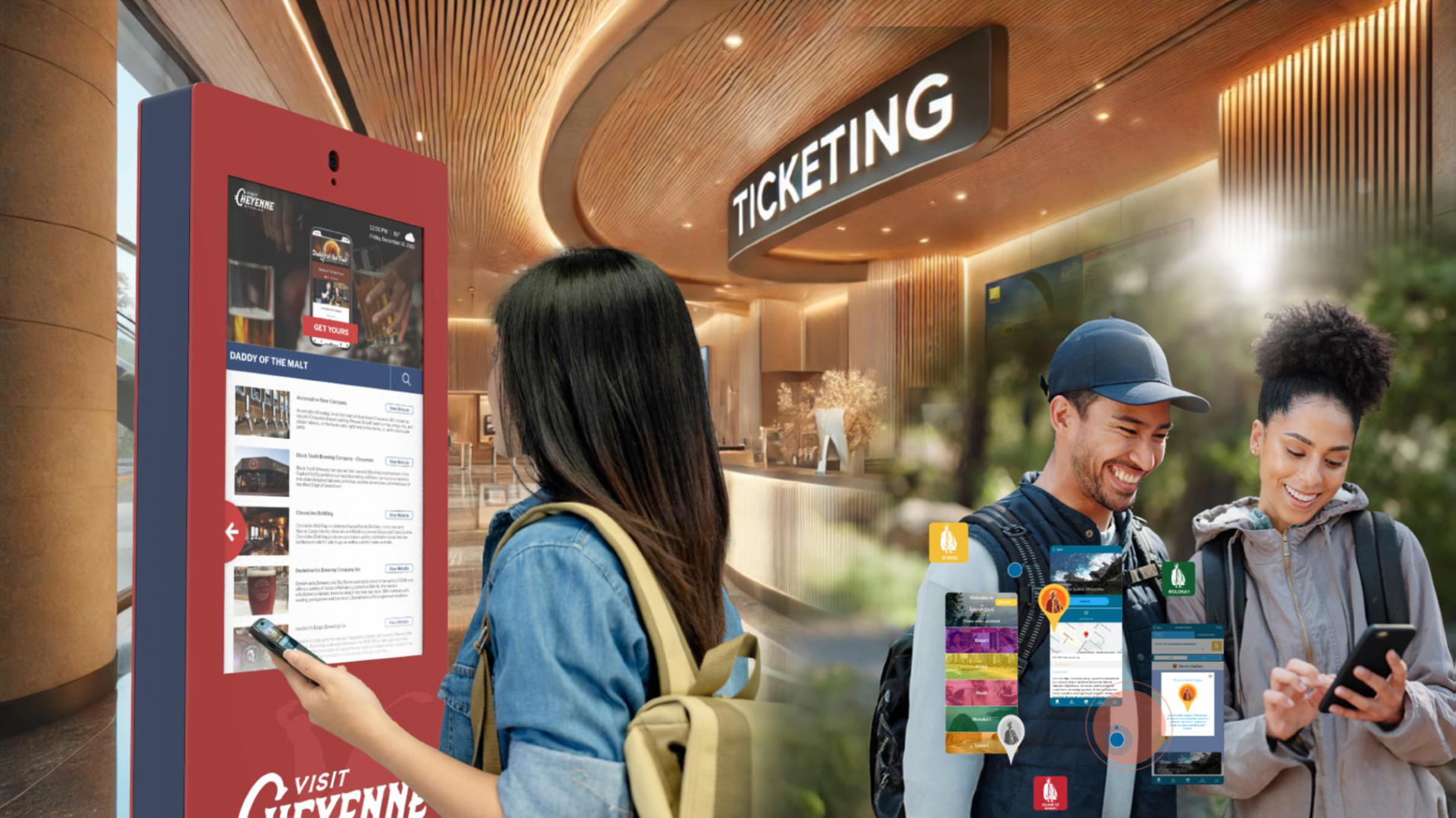 visitors interacting with kiosks and website on their phones