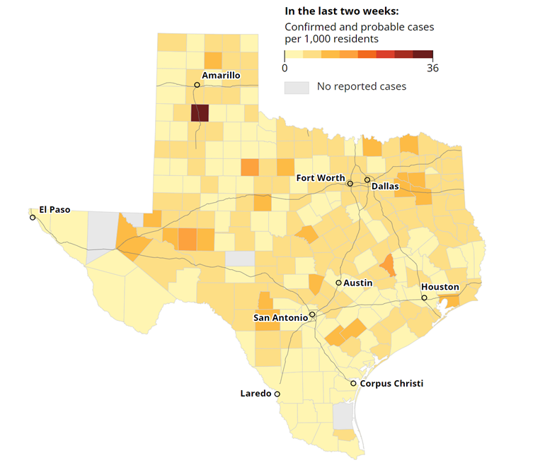 14-day COVID trend in Texas by county