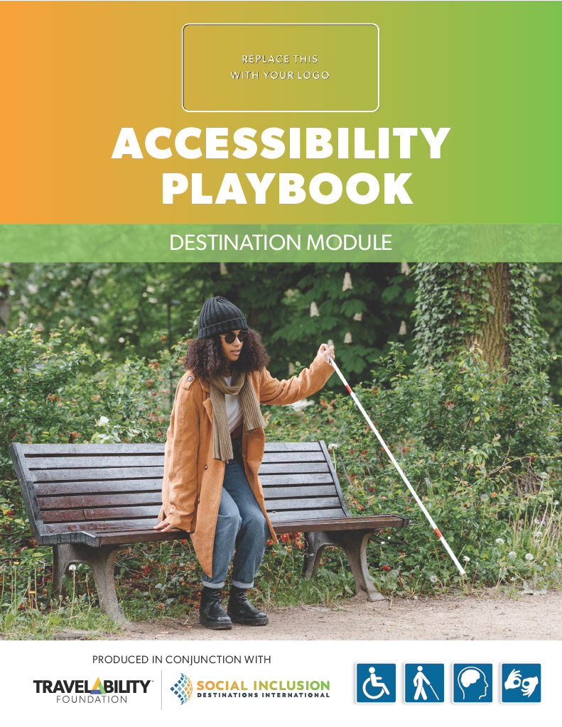 cover of accessibility playbook featuring a woman with a cane sitting on a bench