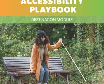 cover of accessibility playbook featuring a woman using a cane sitting on a bench