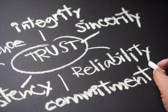 writing on a chalkboard. Words include trust, sincerity, integrity and reliability