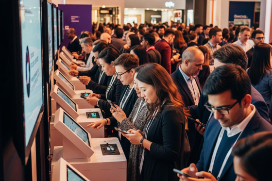 a group of people stand in line for digital kiosks