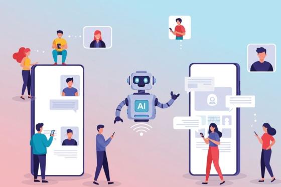 humans interact with a robot on their phones