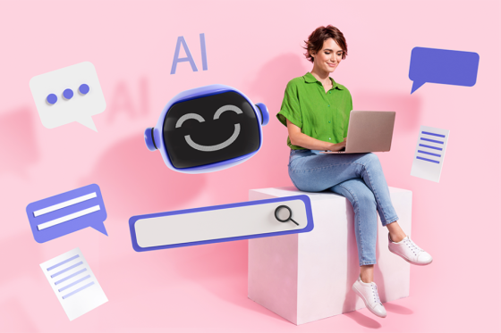 illustration of woman typing on computer surrounded by icons related to AI and messaging