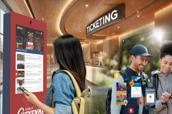 visitors interacting with kiosks and website on their phones