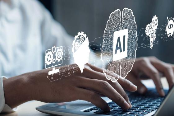 hands typing with AI icons above the keyboard