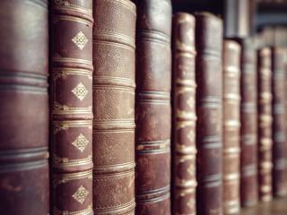 Old leather bound vintage books in a row