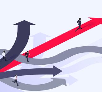 people walking down different "career paths"