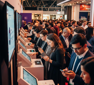 a group of people stand in line for digital kiosks