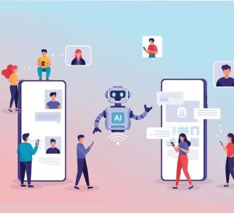 humans interact with a robot on their phones