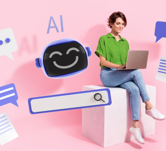 illustration of woman typing on computer surrounded by icons related to AI and messaging