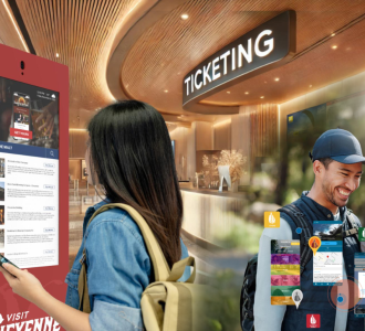 visitors interacting with kiosks and website on their phones